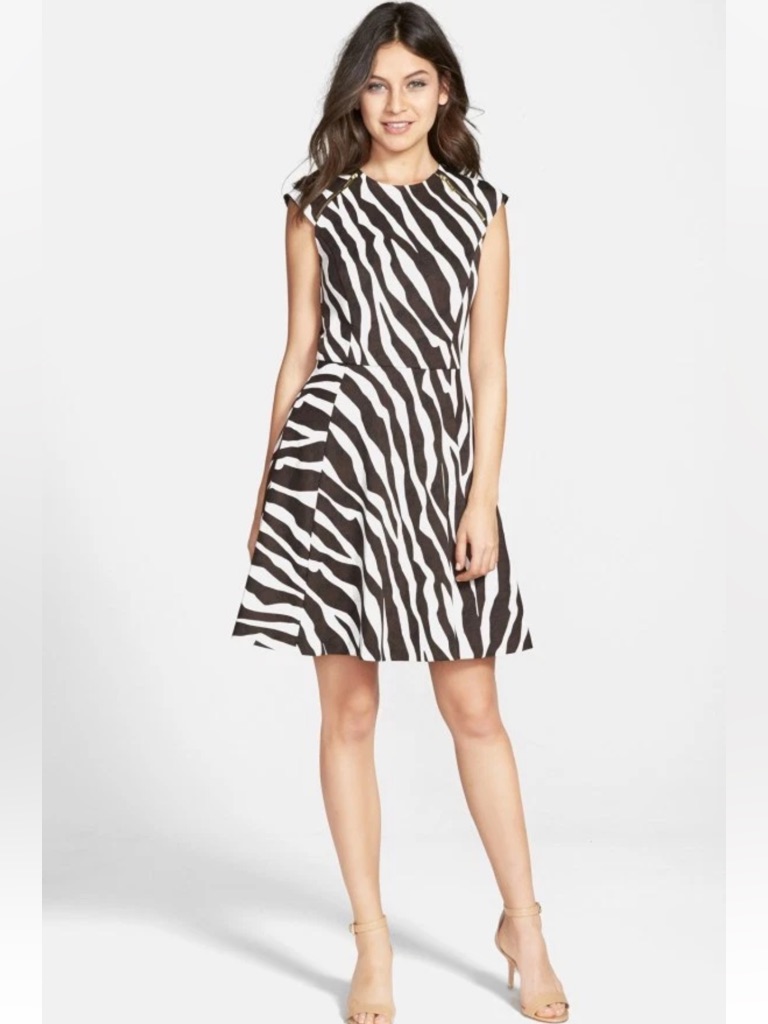 Michael Kors Ghanzi' Zebra Print Ponte Fit & Flare Dress Sz 8